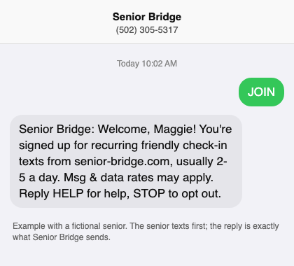 Example text conversation: the person texts JOIN and receives the confirmation message