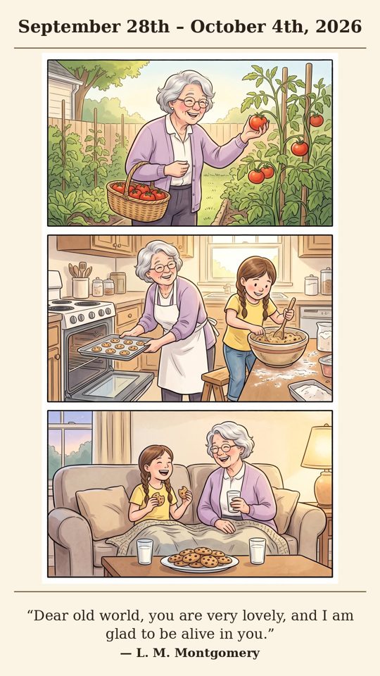 Sample Sunday Recap comic: Maggie picking ripe tomatoes in her garden, baking cookies with her granddaughter Lily, and the two of them sharing cookies and milk on the couch, under the dates September 28th to October 4th and above a quote by L. M. Montgomery
